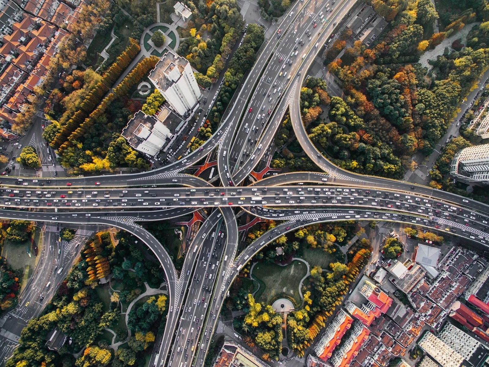 architecture, buildings, cars, city, nature, cityscape, highway, infrastructure, roads, traffic, trees, urban