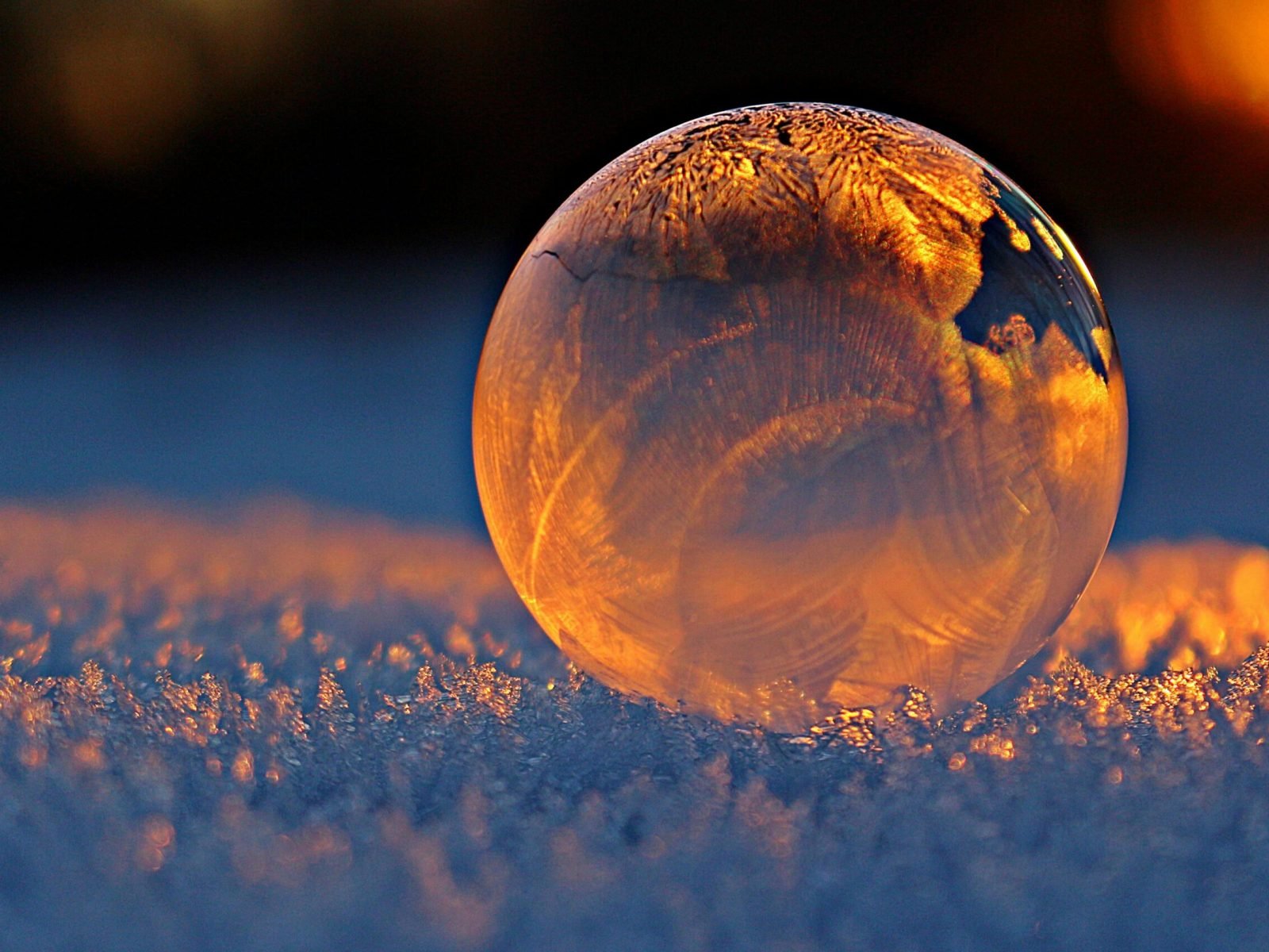 Close-up shot of a frozen bubble with warm reflections resting on a snowy surface at twilight.